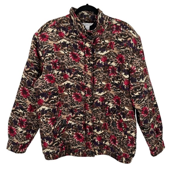 Anna And Frank Womens 100% Silk Quilted Brown Floral Zip Front Bomber Jacket L - Picture 1 of 13